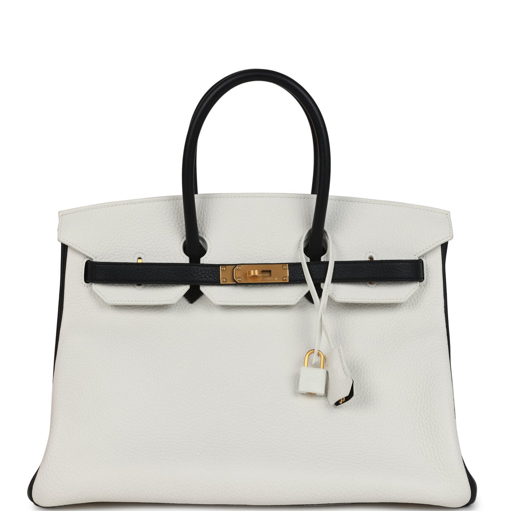 Hermes Special Order (HSS) Birkin 35 White and Black Clemence Brushed Gold Hardware