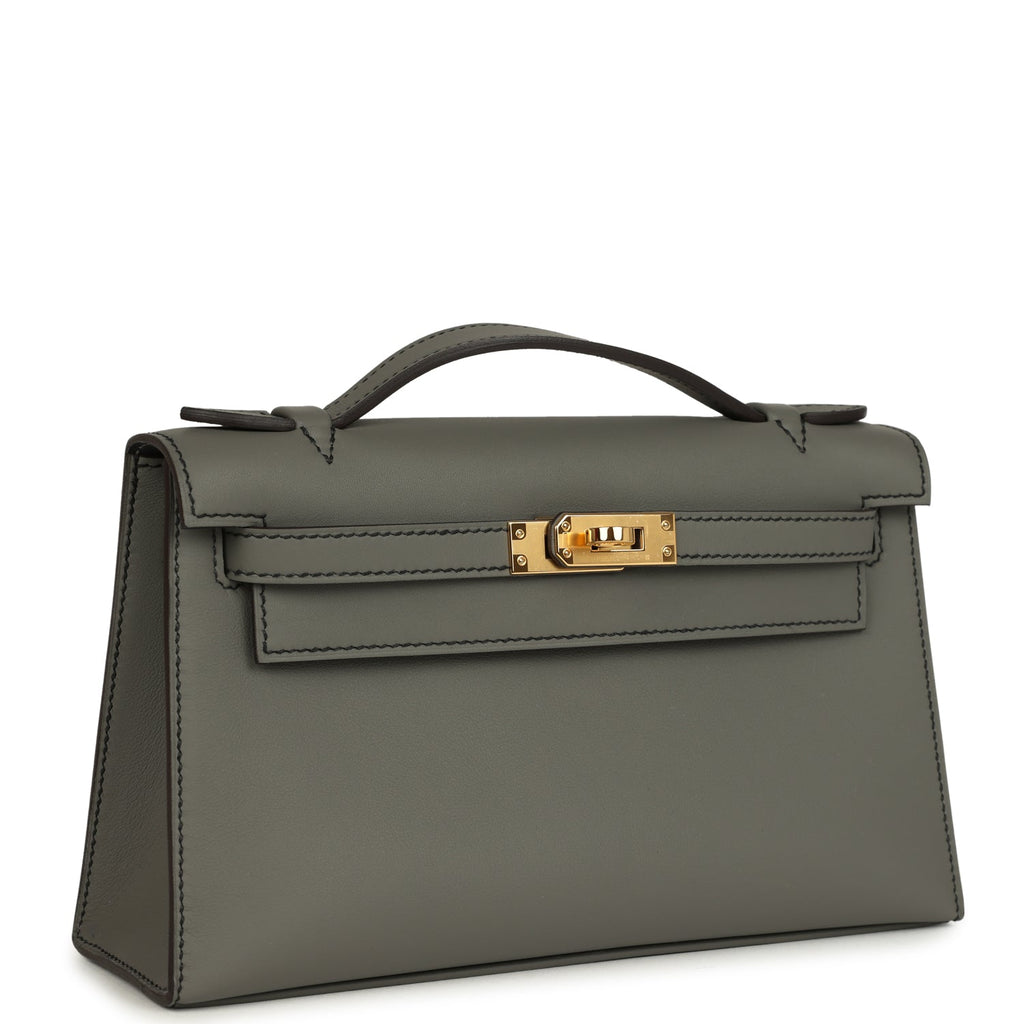 Hermes Special Order (HSS) Kelly Pochette Gris Meyer Verso Swift Gold Hardware