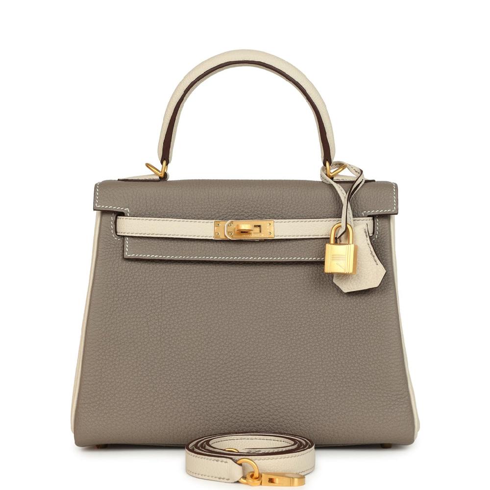 Hermes Special Order (HSS) Kelly Retourne 25 Beton and Etoupe Togo Brushed Gold Hardware
