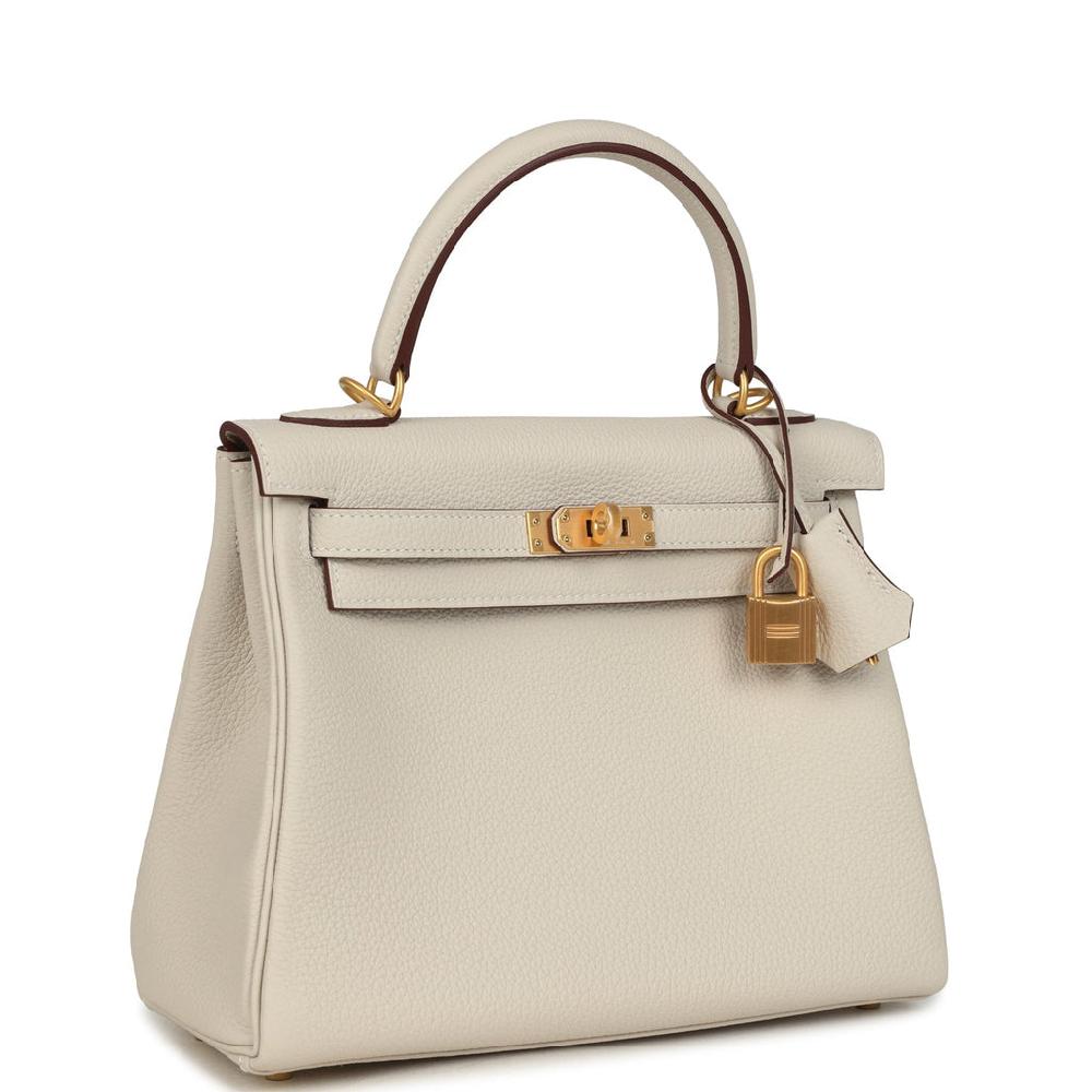Hermes Special Order (HSS) Kelly Retourne 25 Craie Verso Togo Brushed Gold Hardware