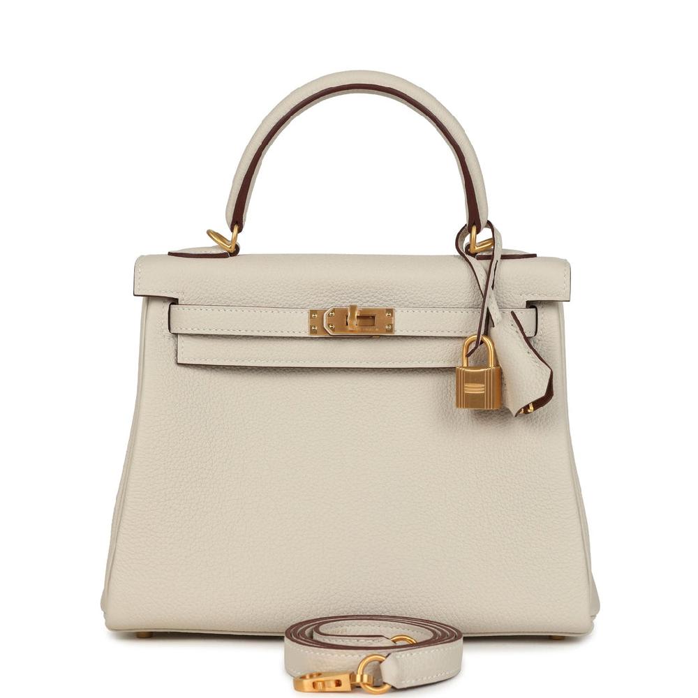 Hermes Special Order (HSS) Kelly Retourne 25 Craie Verso Togo Brushed Gold Hardware