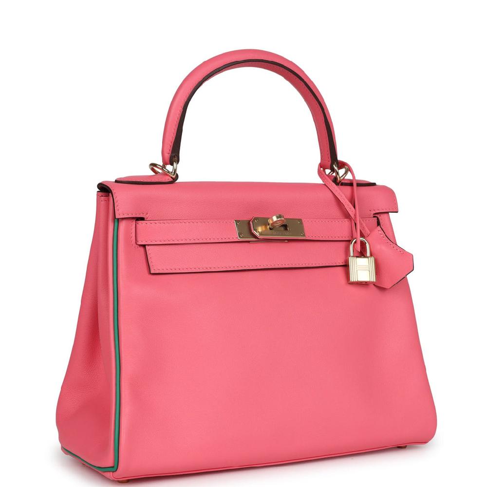 Hermes Special Order (HSS) Kelly Retourne 28 Rose Azalee And Vert Vertigo Swift Gold Hardware