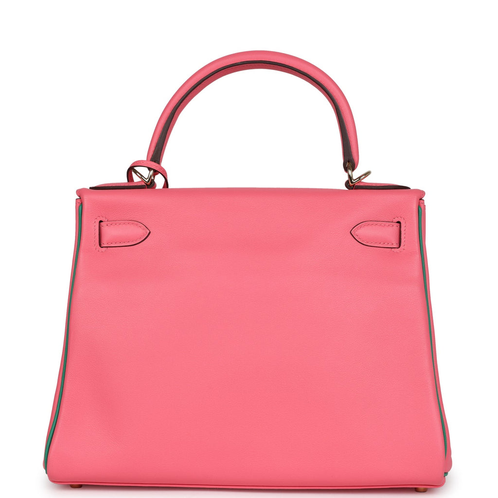 Hermes Special Order (HSS) Kelly Retourne 28 Rose Azalee And Vert Vertigo Swift Gold Hardware
