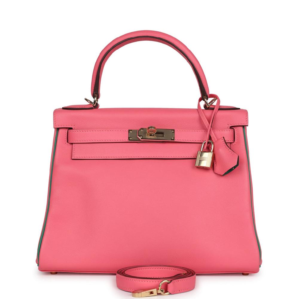 Hermes Special Order (HSS) Kelly Retourne 28 Rose Azalee and Vert Vertigo Swift Gold Hardware