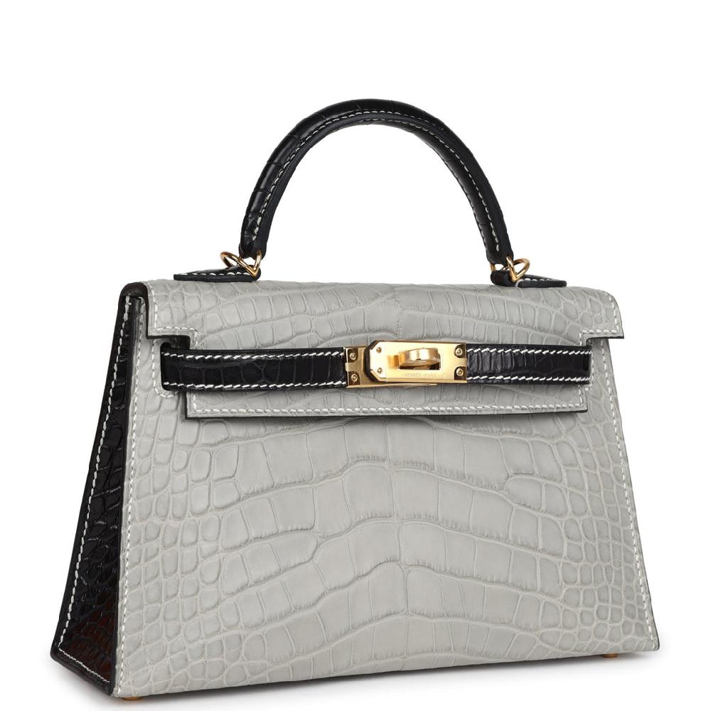Hermes Special Order (HSS) Kelly Sellier 20 Gris Perle And Black Matte Alligator Gold Hardware