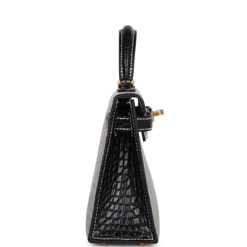Hermes Special Order (HSS) Kelly Sellier 20 Gris Perle And Black Matte Alligator Gold Hardware
