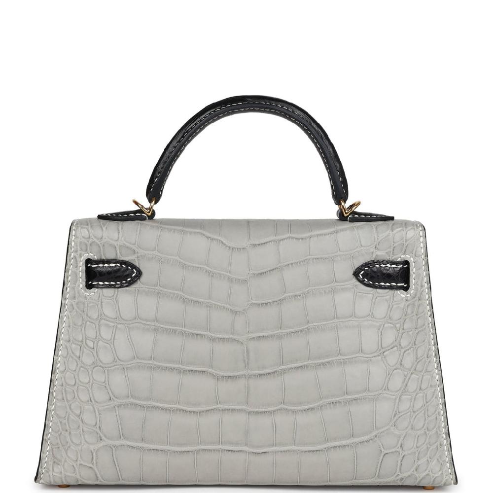 Hermes Special Order (HSS) Kelly Sellier 20 Gris Perle And Black Matte Alligator Gold Hardware