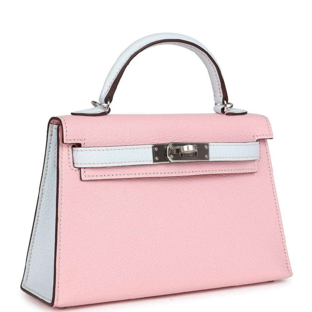 Hermes Special Order (HSS) Kelly Sellier 20 Rose Sakura And Bleu Brume Chevre Palladium Hardware
