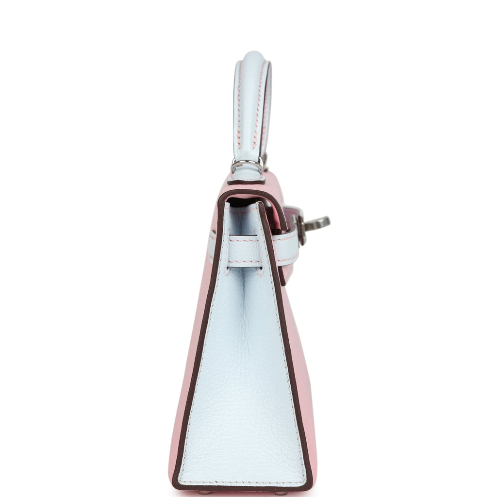 Hermes Special Order (HSS) Kelly Sellier 20 Rose Sakura And Bleu Brume Chevre Palladium Hardware