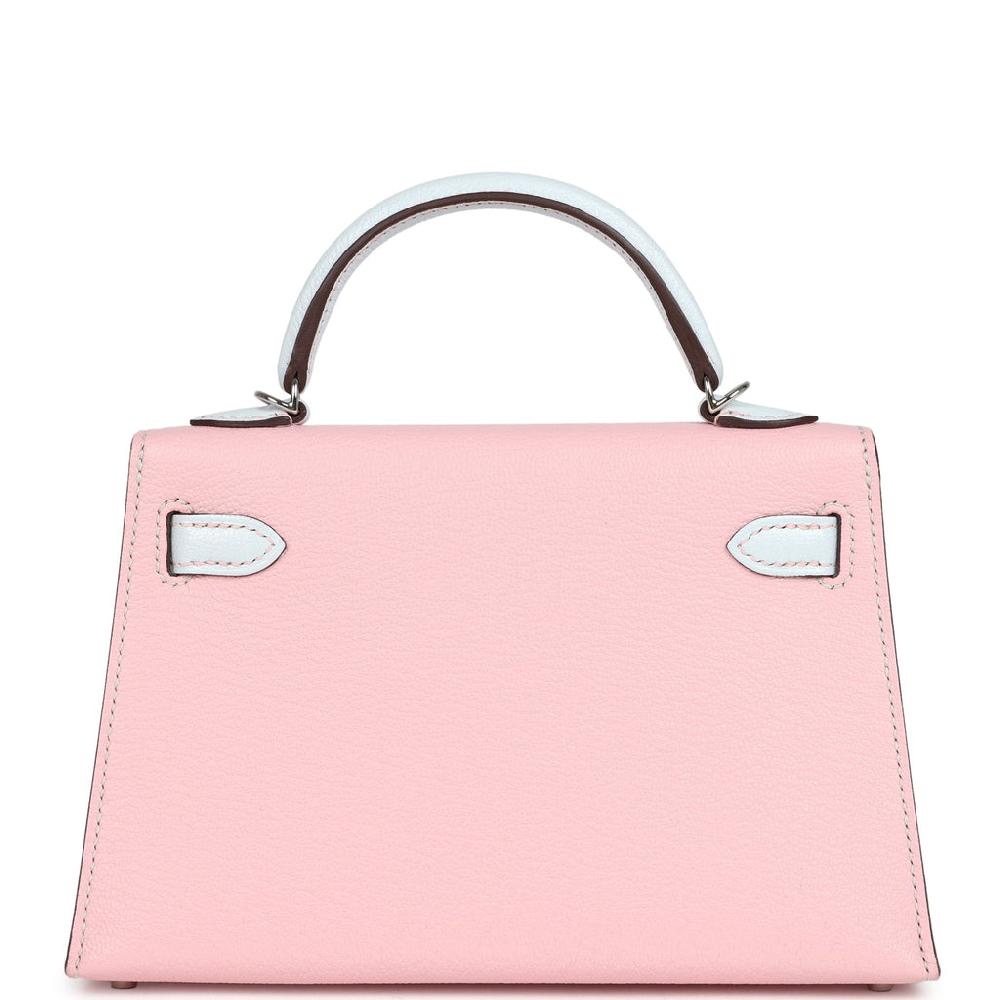 Hermes Special Order (HSS) Kelly Sellier 20 Rose Sakura And Bleu Brume Chevre Palladium Hardware
