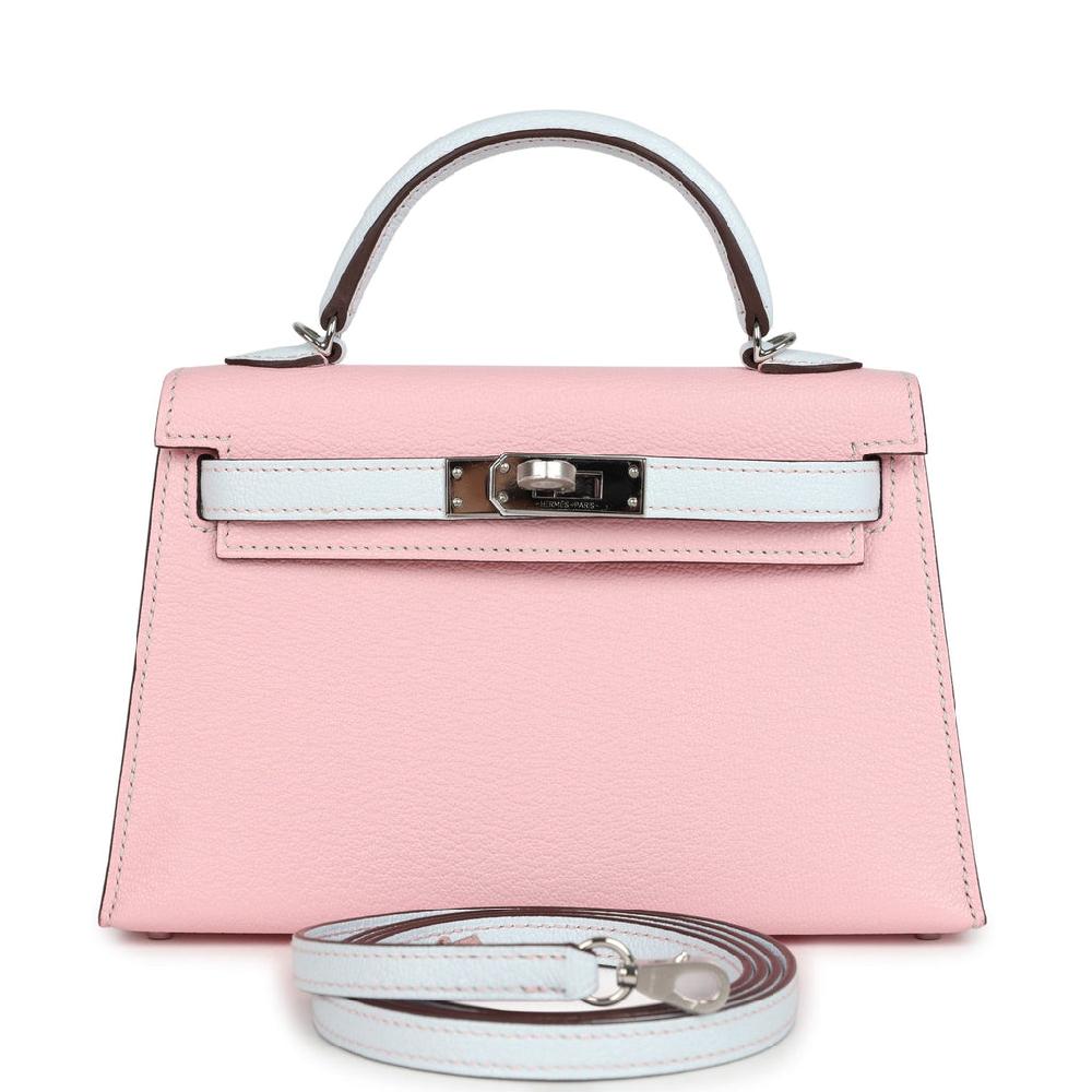 Hermes Special Order (HSS) Kelly Sellier 20 Rose Sakura and Bleu Brume Chevre Palladium Hardware