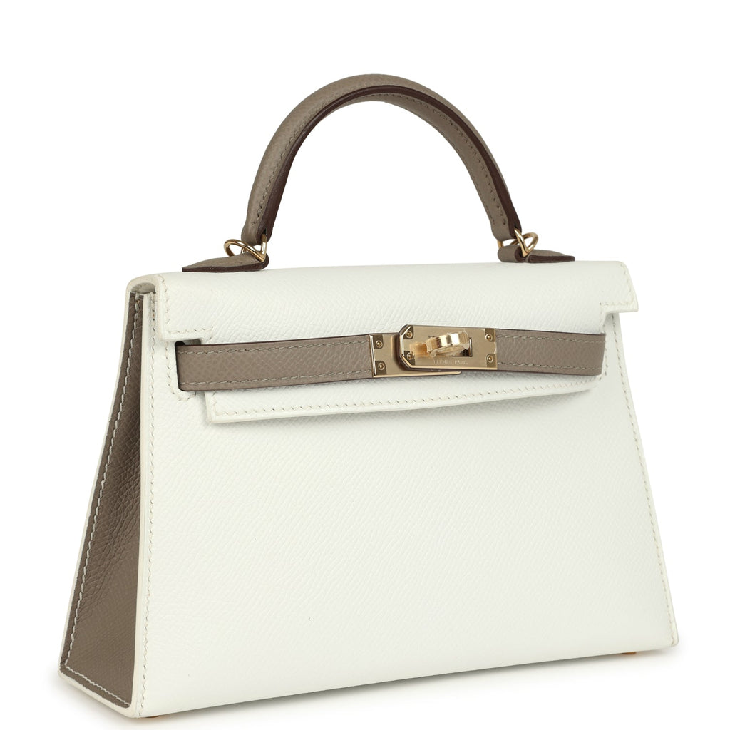 Hermes Special Order (HSS) Kelly Sellier 20 White And Gris Asphalte Epsom Permabrass Hardware
