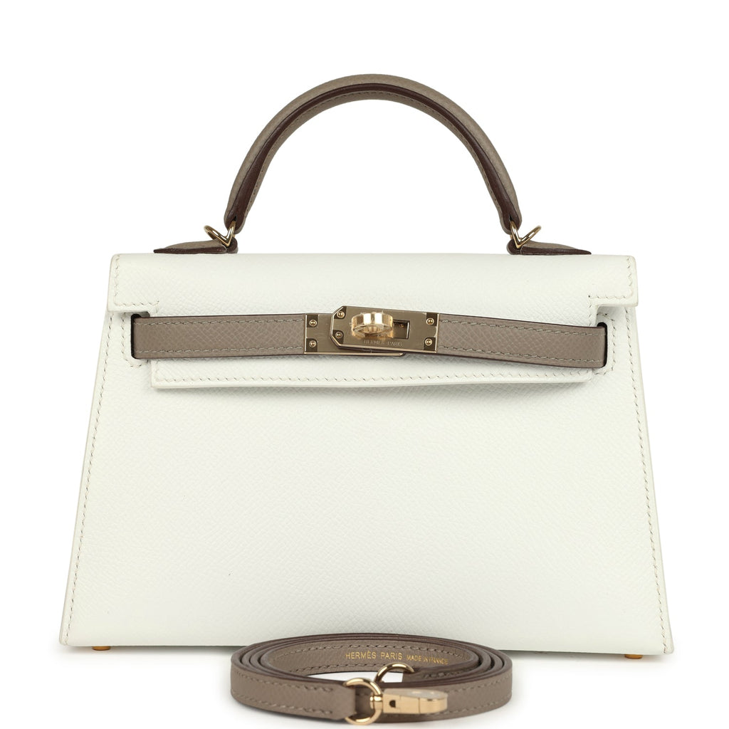 Hermes Special Order (HSS) Kelly Sellier 20 White and Gris Asphalte Epsom Permabrass Hardware
