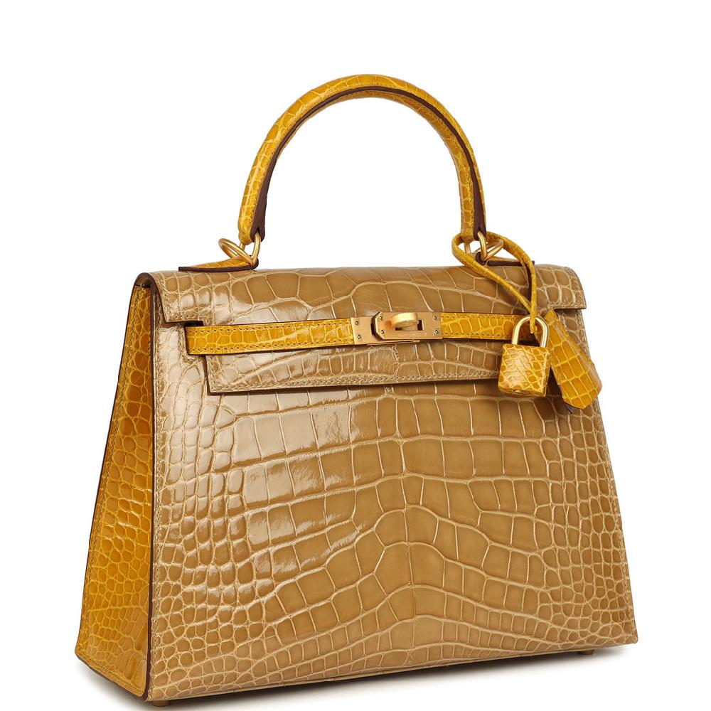Hermes Special Order (HSS) Kelly Sellier 25 Beige Sable And Jaune Ambre Shiny Alligator Mississpiensis Brushed Gold Hardware