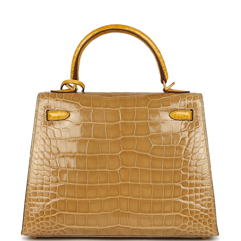 Hermes Special Order (HSS) Kelly Sellier 25 Beige Sable And Jaune Ambre Shiny Alligator Mississpiensis Brushed Gold Hardware