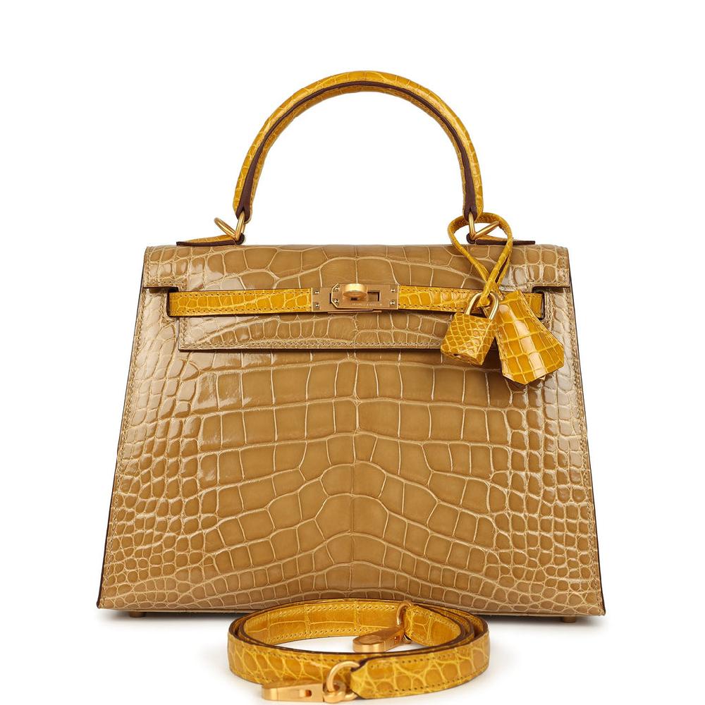 Hermes Special Order (HSS) Kelly Sellier 25 Beige Sable and Jaune Ambre Shiny Alligator Mississpiensis Brushed Gold Hardware