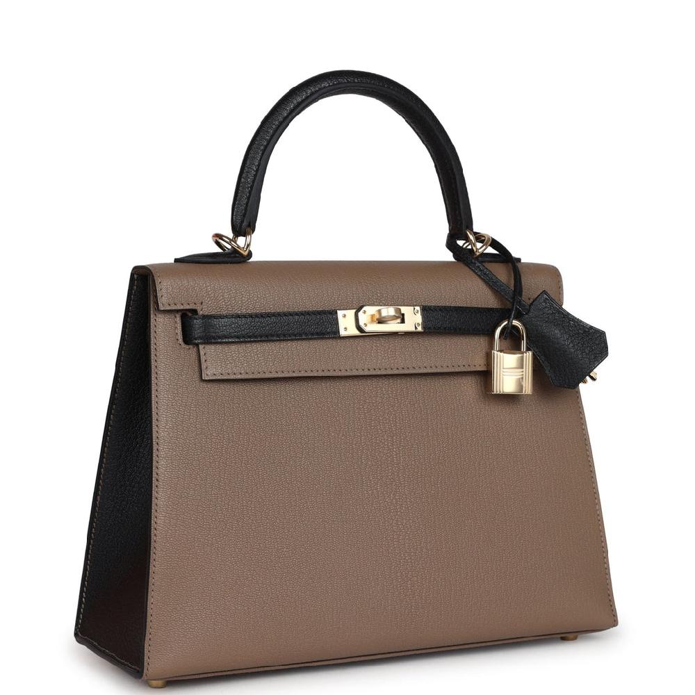 Hermes Special Order (HSS) Kelly Sellier 25 Black And Etoupe Chevre Mysore Permabrass Hardware