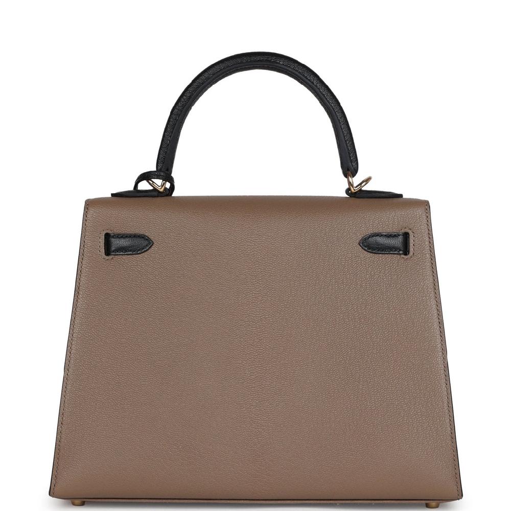 Hermes Special Order (HSS) Kelly Sellier 25 Black And Etoupe Chevre Mysore Permabrass Hardware