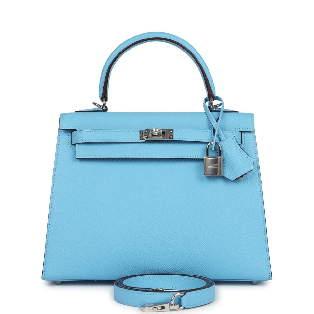 Hermes Special Order (HSS) Kelly Sellier 25 Bleu Celeste Verso Epsom Palladium Hardware