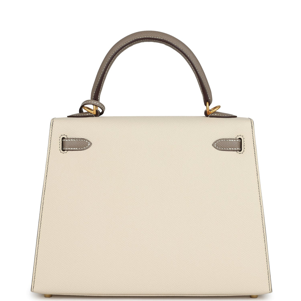 Hermes Special Order (HSS) Kelly Sellier 25 Craie And Gris Asphalte Epsom Brushed Gold Hardware