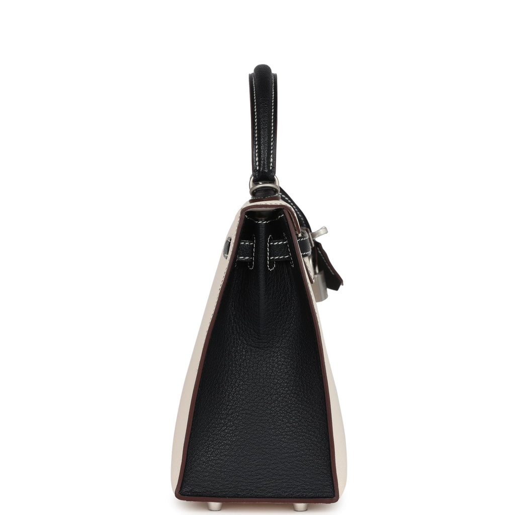 Hermes Special Order (HSS) Kelly Sellier 25 Nata And Black Chevre Mysore Brushed Palladium Hardware