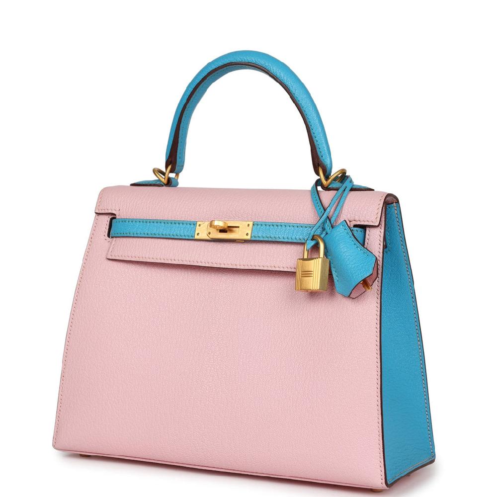 Hermes Special Order (HSS) Kelly Sellier 25 Rose Sakura And Bleu Aztec Chevre Brushed Gold Hardware