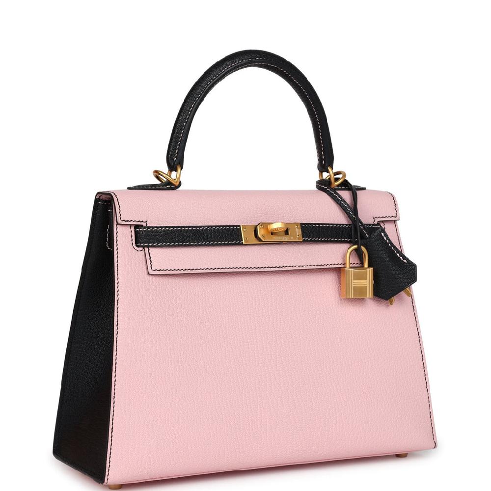 Hermes Special Order (HSS) Kelly Sellier 25 Rose Sakura And Black Chevre Mysore Brushed Gold Hardware