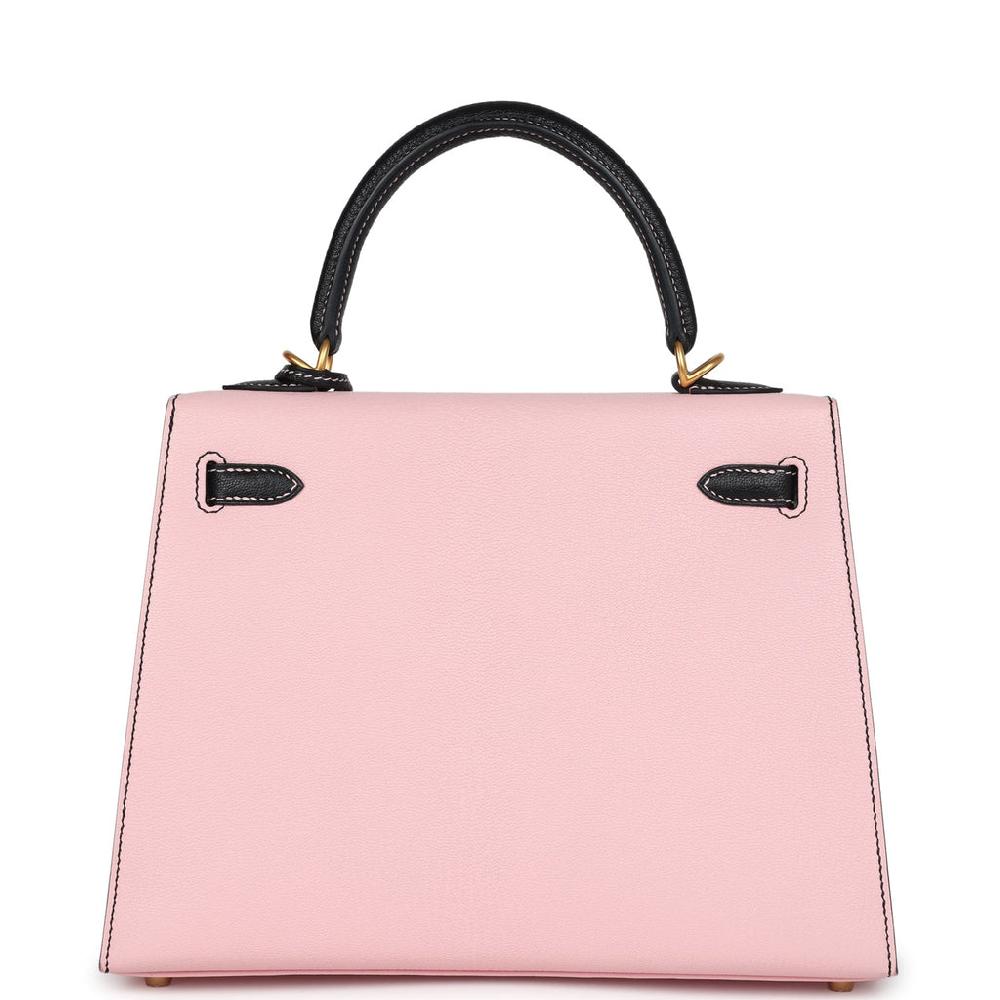 Hermes Special Order (HSS) Kelly Sellier 25 Rose Sakura And Black Chevre Mysore Brushed Gold Hardware