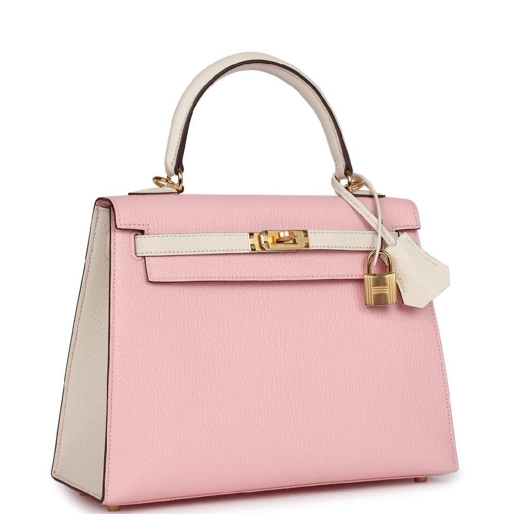 Hermes Special Order (HSS) Kelly Sellier 25 Rose Sakura And Nata Chevre Gold Hardware