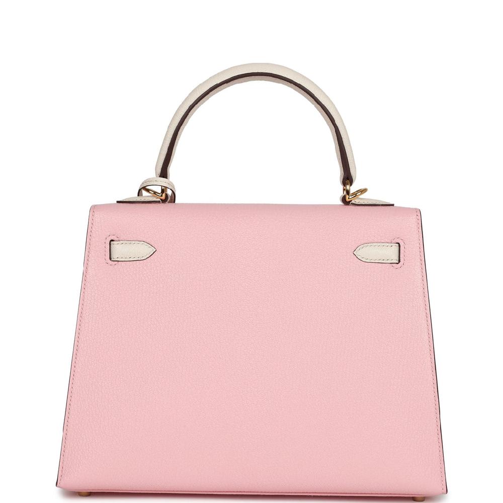 Hermes Special Order (HSS) Kelly Sellier 25 Rose Sakura And Nata Chevre Gold Hardware