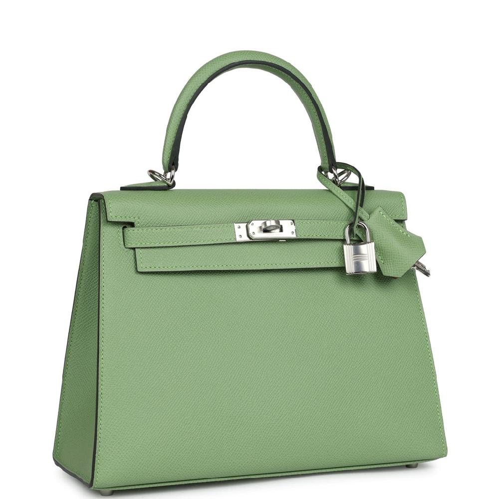 Hermes Special Order (HSS) Kelly Sellier 25 Vert Criquet Verso Epsom Palladium Hardware