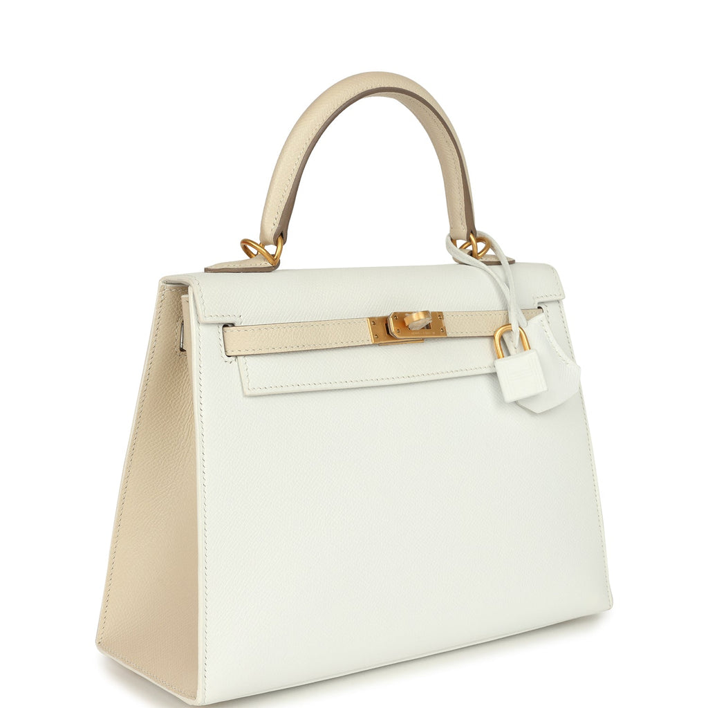 Hermes Special Order (HSS) Kelly Sellier 25 White And Trench Epsom Brushed Gold Hardware