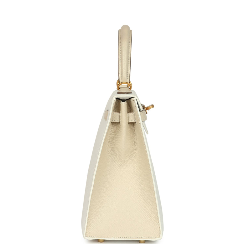 Hermes Special Order (HSS) Kelly Sellier 25 White And Trench Epsom Brushed Gold Hardware