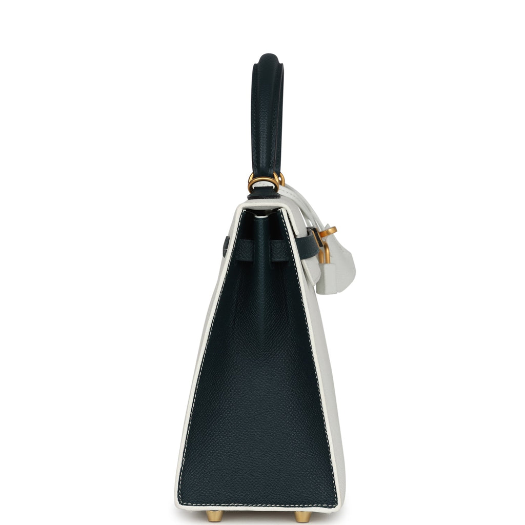 Hermes Special Order (HSS) Kelly Sellier 25 White And Vert Cypress Epsom Brushed Gold Hardware