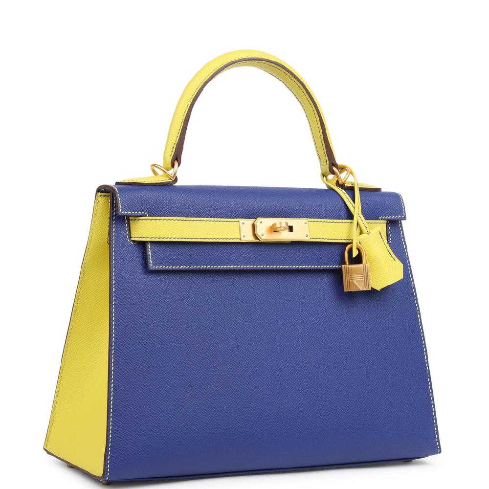 Hermes Special Order (HSS) Kelly Sellier 28 Bleu Electric And Lime Epsom Brushed Gold Hardware