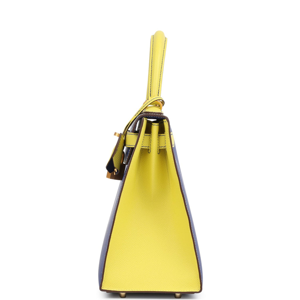 Hermes Special Order (HSS) Kelly Sellier 28 Bleu Electric And Lime Epsom Brushed Gold Hardware