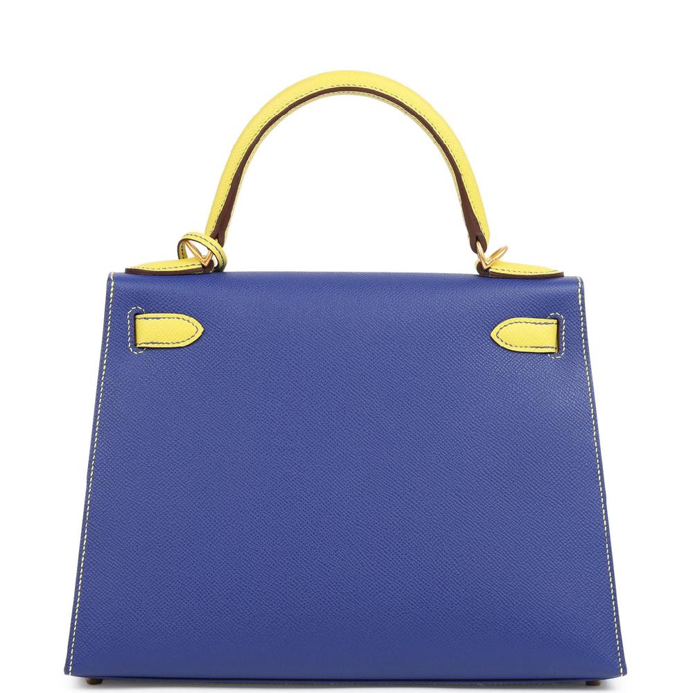 Hermes Special Order (HSS) Kelly Sellier 28 Bleu Electric And Lime Epsom Brushed Gold Hardware