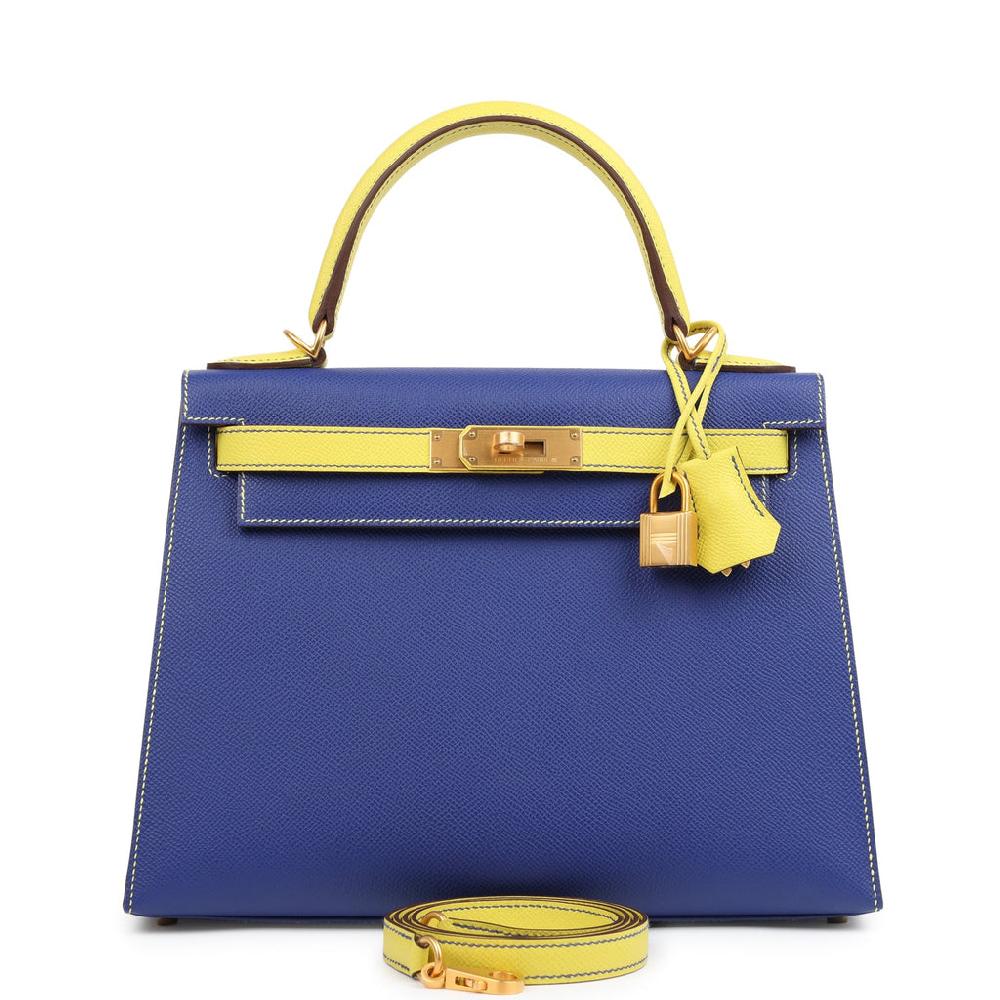 Hermes Special Order (HSS) Kelly Sellier 28 Bleu Electric and Lime Epsom Brushed Gold Hardware