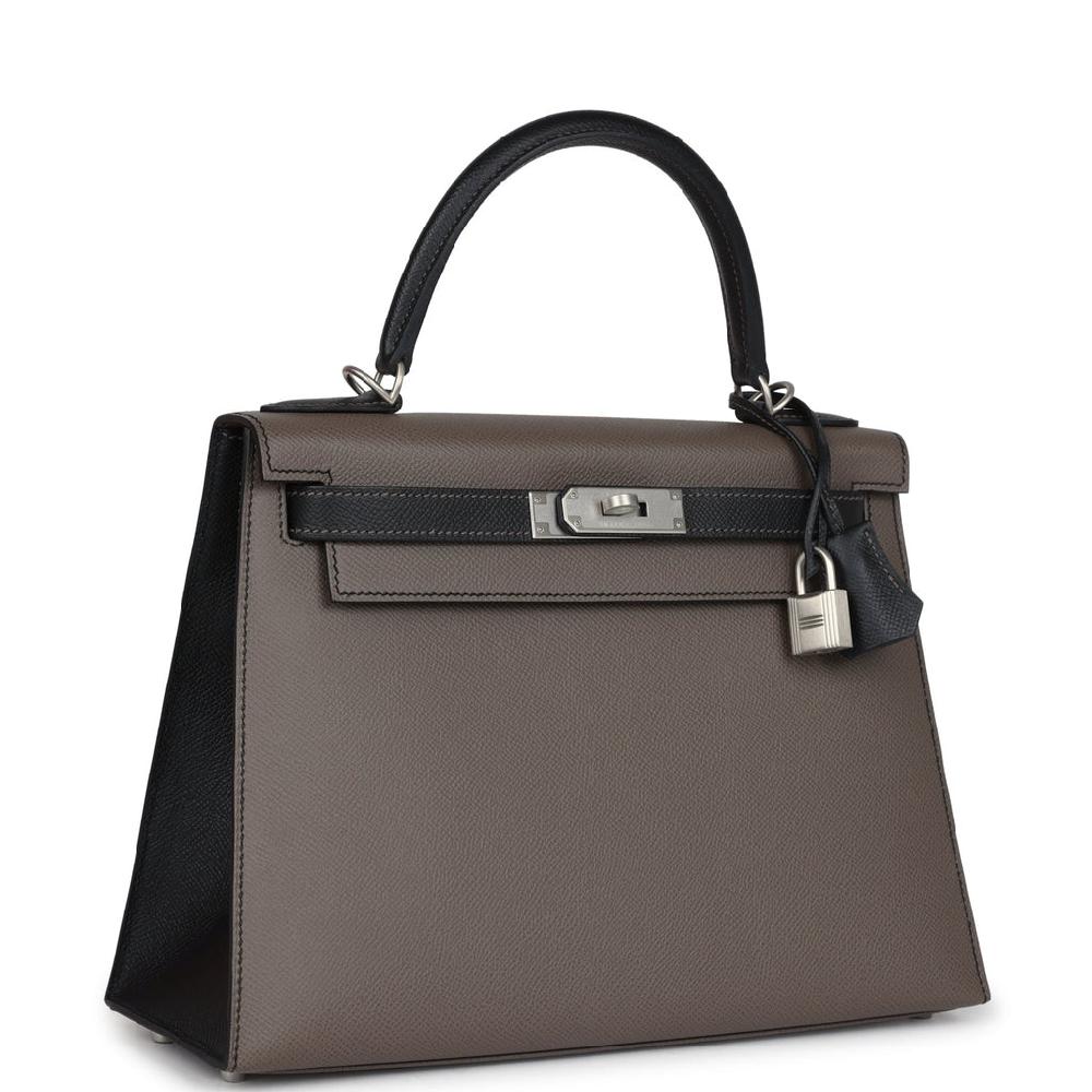 Hermes Special Order (HSS) Kelly Sellier 28 Etain And Black Epsom Brushed Palladium Hardware