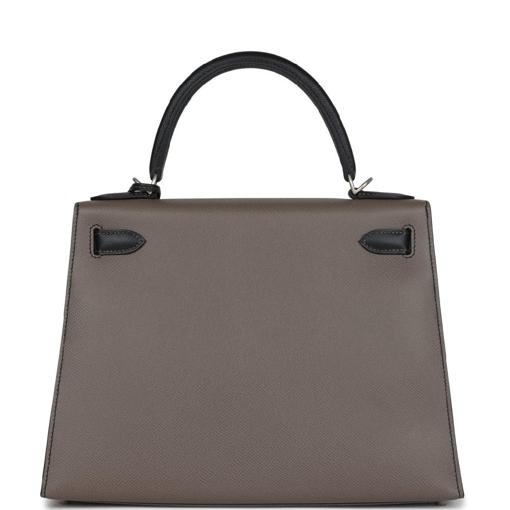 Hermes Special Order (HSS) Kelly Sellier 28 Etain And Black Epsom Brushed Palladium Hardware