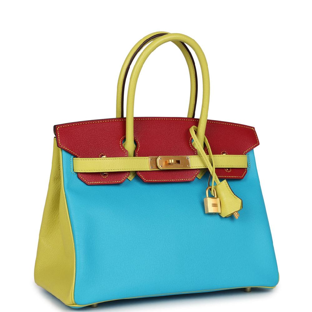Hermes Special Order (HSS) Tri-color Birkin 30 Bleu Aztec Soufre And Rouge Vif Chevre Brushed Gold Hardware