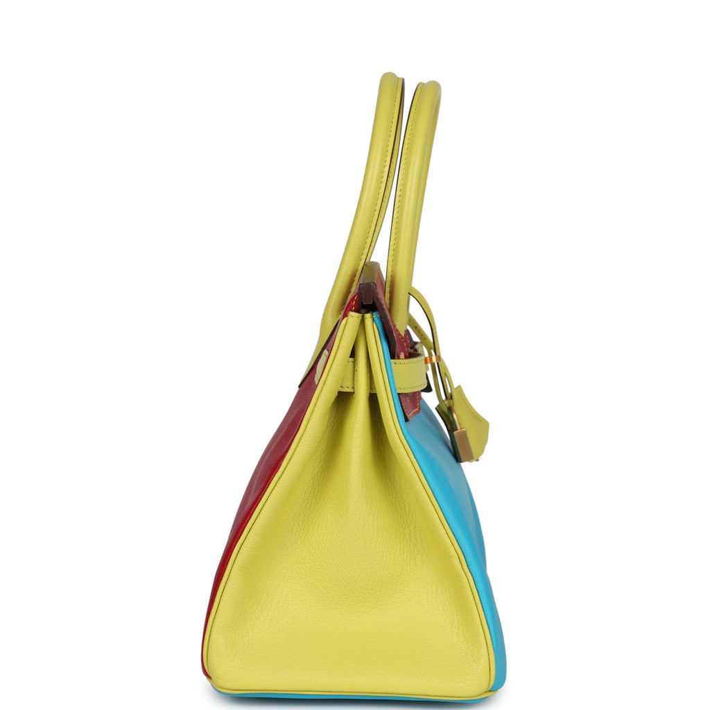 Hermes Special Order (HSS) Tri-color Birkin 30 Bleu Aztec Soufre And Rouge Vif Chevre Brushed Gold Hardware