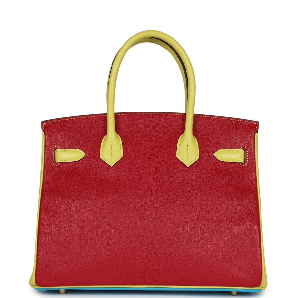 Hermes Special Order (HSS) Tri-color Birkin 30 Bleu Aztec Soufre And Rouge Vif Chevre Brushed Gold Hardware
