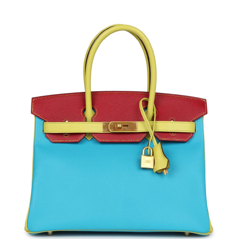 Hermes Special Order (HSS) Tri-color Birkin 30 Bleu Aztec Soufre and Rouge Vif Chevre Brushed Gold Hardware