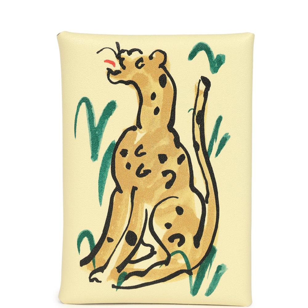 Hermes "Spring Panther" Calvi Duo Card Holder Jaune Milton Swift Palladium Hardware