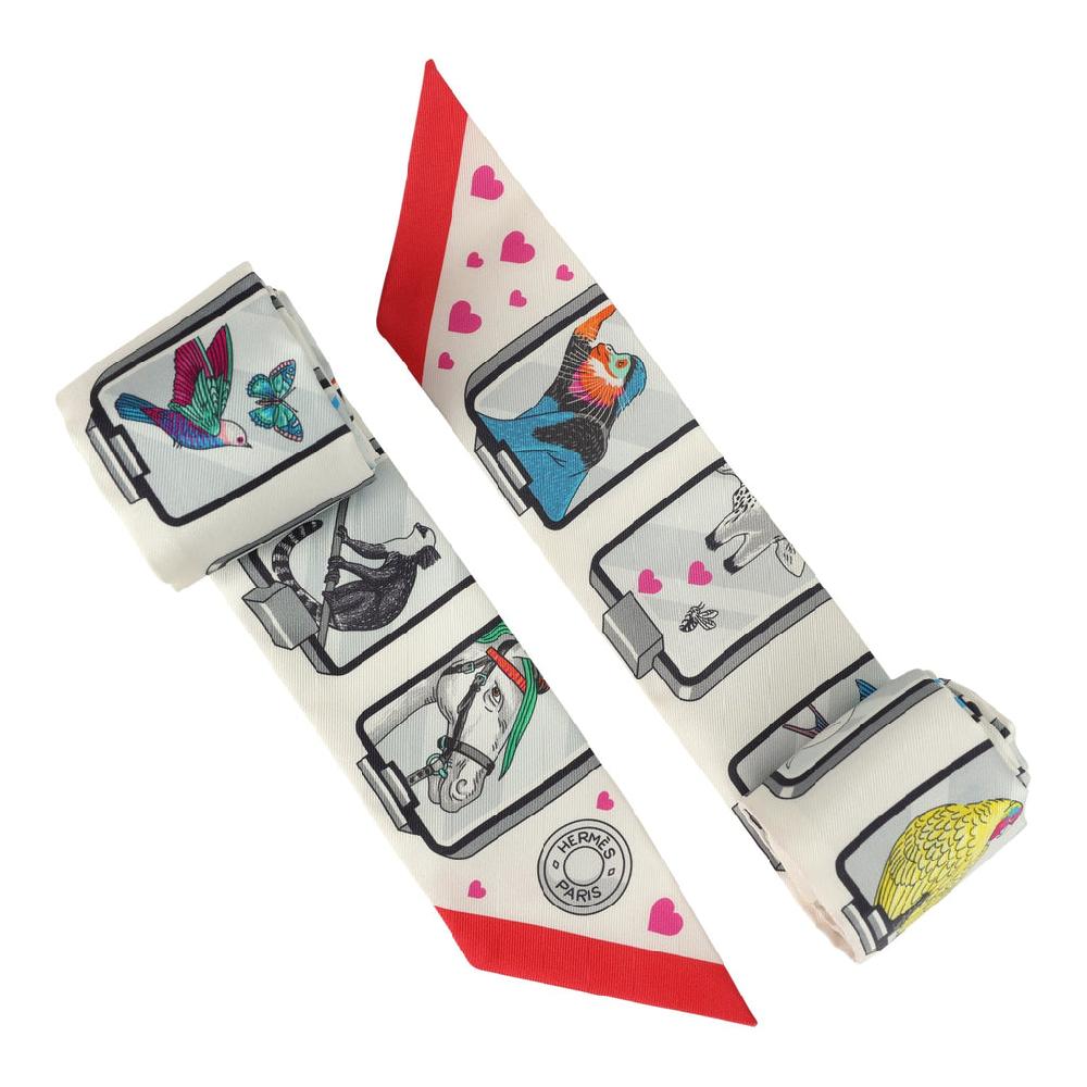 Hermes "Story" Rouge Multi Silk Twilly Pair