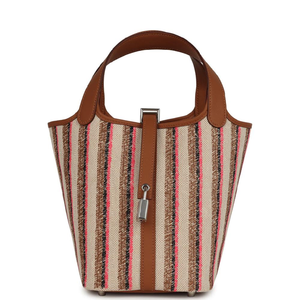 Hermes Stripe Picotin Lock 18 Gold Swift and Ecru-Beige Rose Pop Black and Fauve Toile H Canvas Palladium Hardware