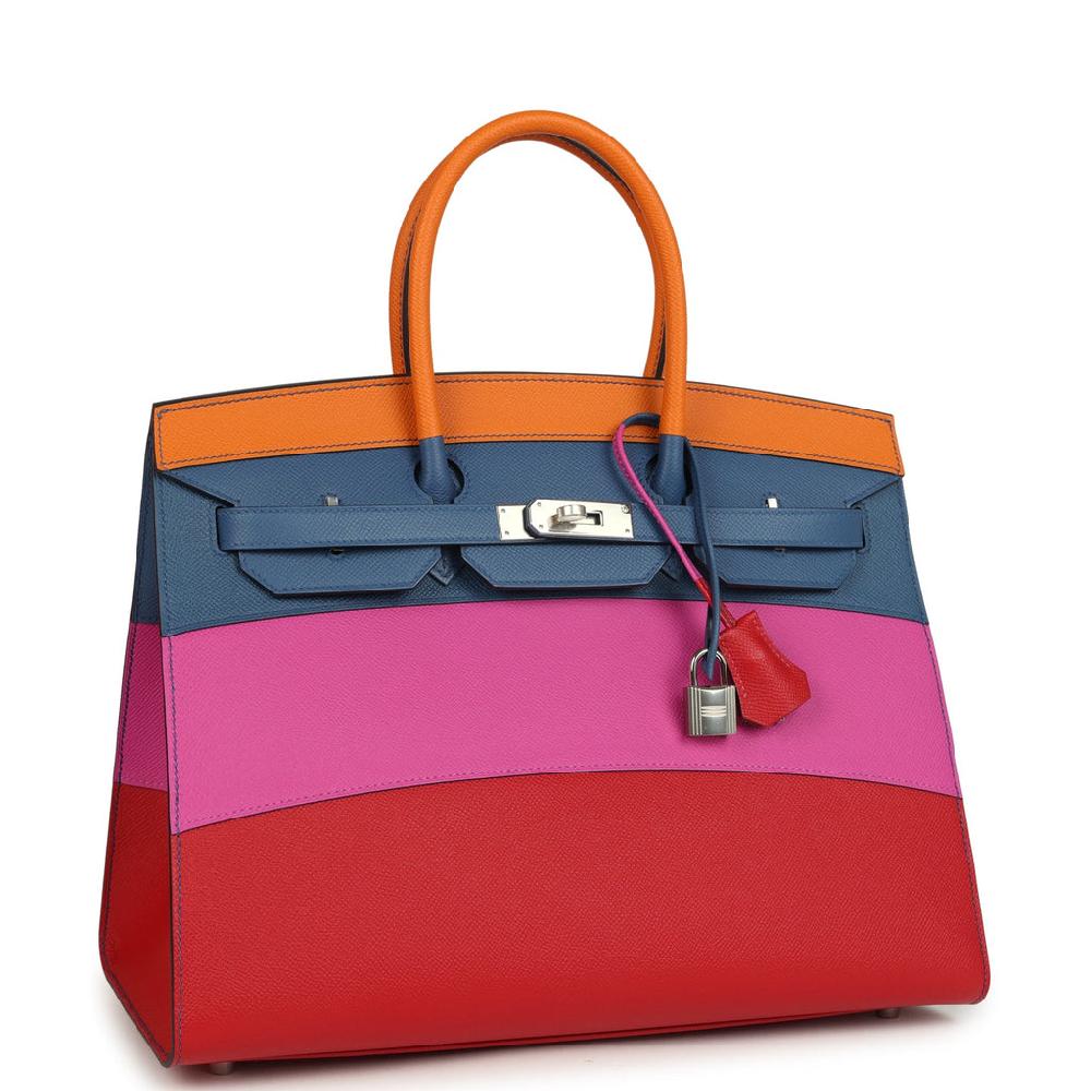 Hermes "Sunset" Birkin Sellier 35 Abricot Bleu Agate Magnolia And Rouge Casaque Epsom Palladium Hardware