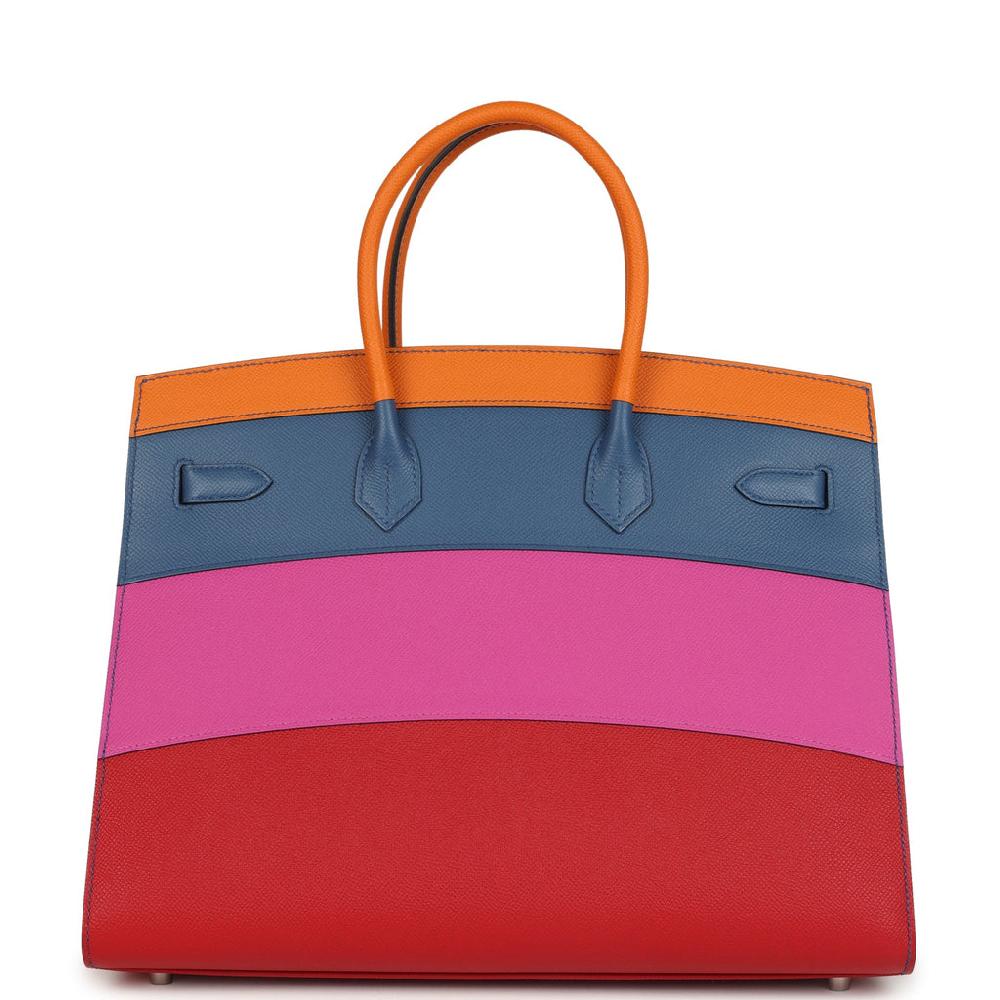 Hermes "Sunset" Birkin Sellier 35 Abricot Bleu Agate Magnolia And Rouge Casaque Epsom Palladium Hardware