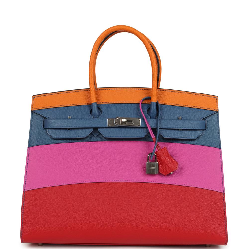 Hermes "Sunset" Birkin Sellier 35 Abricot Bleu Agate Magnolia and Rouge Casaque Epsom Palladium Hardware